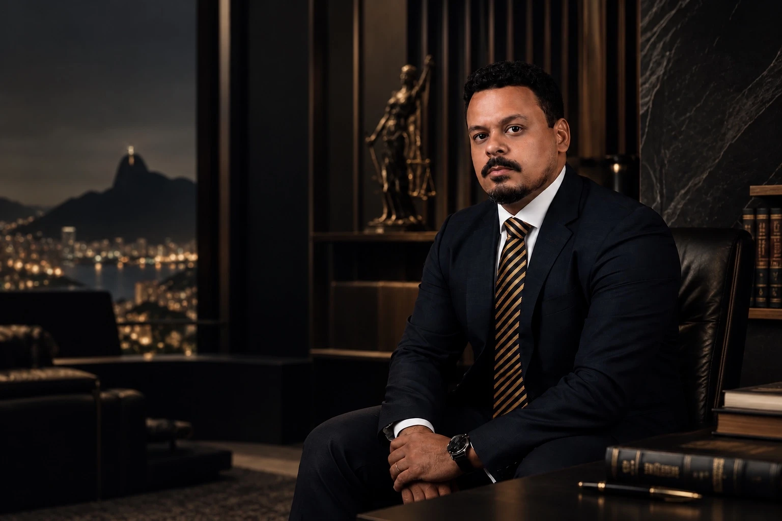 Thiago Andrade, advogado criminalista, de terno escuro em escritório com vista para o Rio de Janeiro.